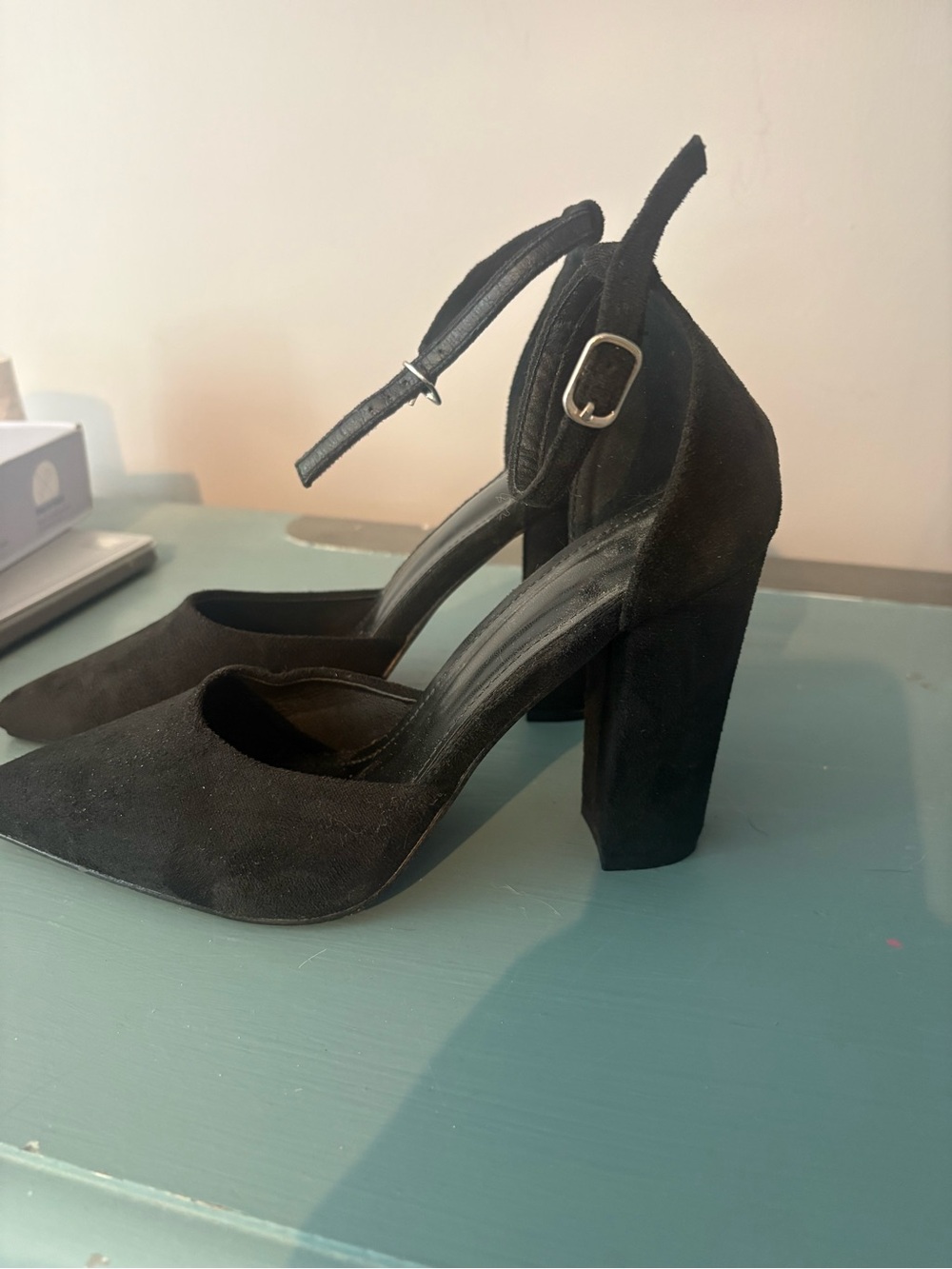 Amazon Black Suede Ankle-Strap Block Heels